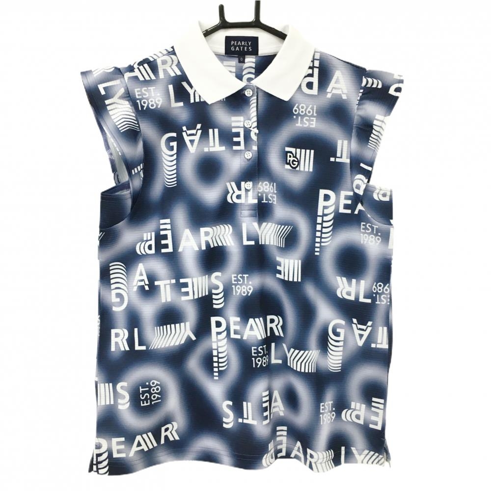 【新品】パーリーゲイツ ノースリーブポロシャツ ネイビー×白 ロゴ英字総柄 グラデーション レディース 1(M) ゴルフウェア PEARLY GATES
