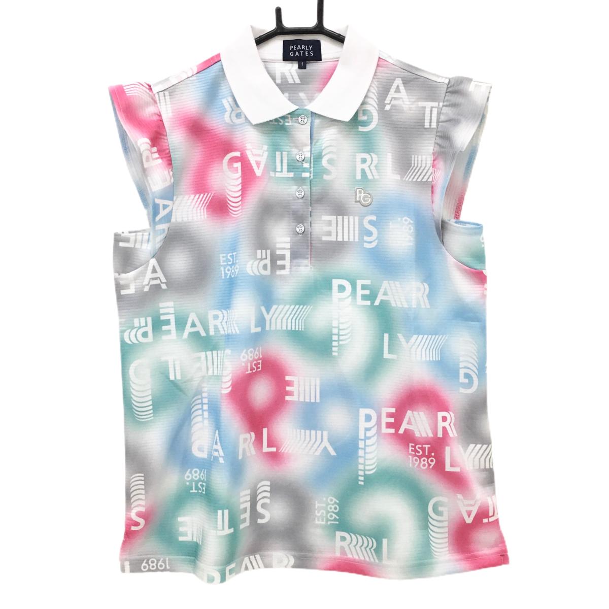 【新品】パーリーゲイツ ノースリーブポロシャツ マルチカラー×白 ロゴ英字総柄 レディース 1(M) ゴルフウェア PEARLY GATES