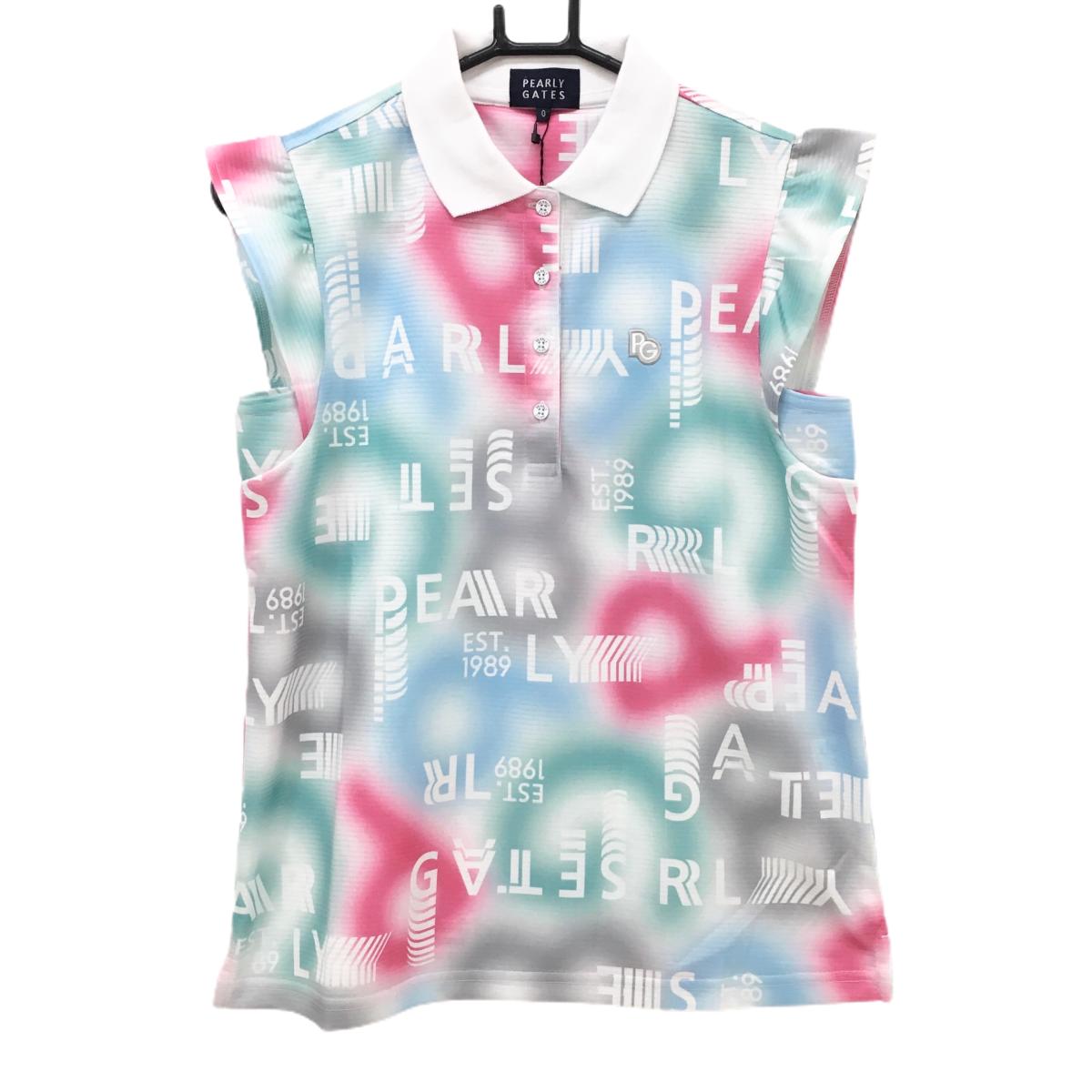 【新品】パーリーゲイツ ノースリーブポロシャツ マルチカラー×白 ロゴ英字総柄 グラデーション 袖フリル レディース  ゴルフウェア PEARLY GATES