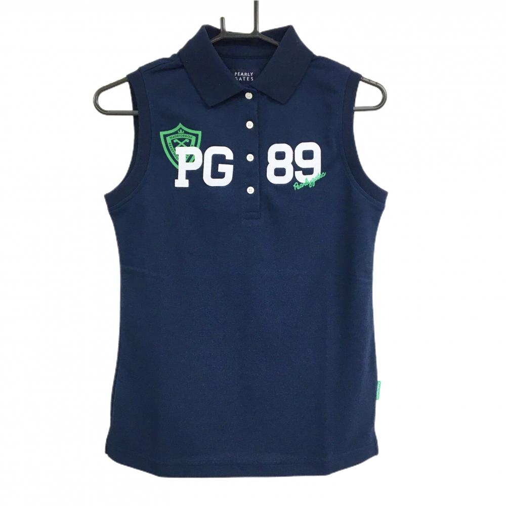 【新品】パーリーゲイツ ノースリーブポロシャツ ネイビー×白 フロントワッペン 吸水 防スケ レディース 0(S) ゴルフウェア PEARLY GATES
