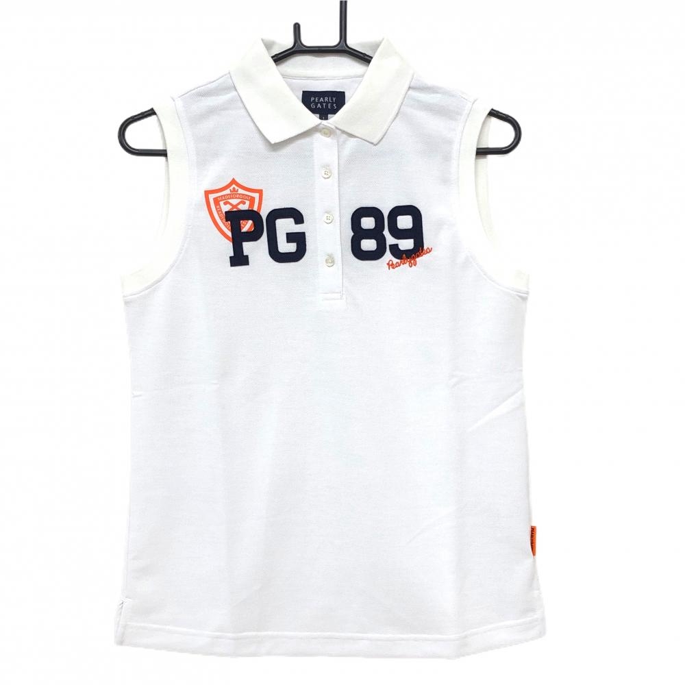 【新品】パーリーゲイツ ノースリーブポロシャツ 白×ネイビー フロントワッペン 吸水 防スケ レディース 1(M) ゴルフウェア PEARLY GATES