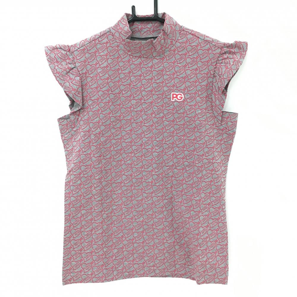 【新品】パーリーゲイツ ノースリーブポロシャツ グレー×ピンク ハートロゴ総柄 レディース 00(XS) ゴルフウェア PEARLY GATES