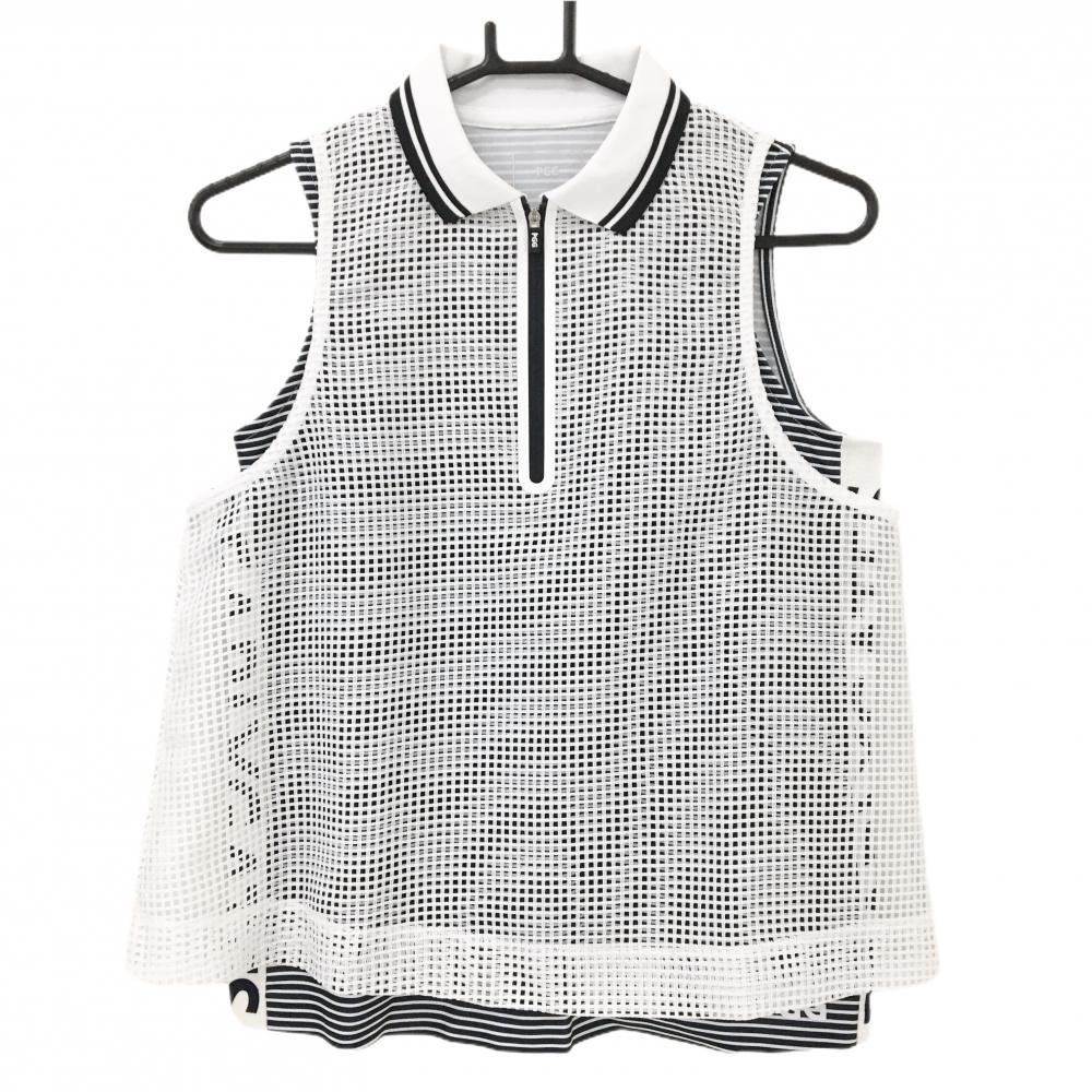 【美品】PGGパーリーゲイツ ノースリーブポロシャツ 白×ネイビー メッシュ 内側ボーダー  レディース 0(S) ゴルフウェア PEARLY GATES