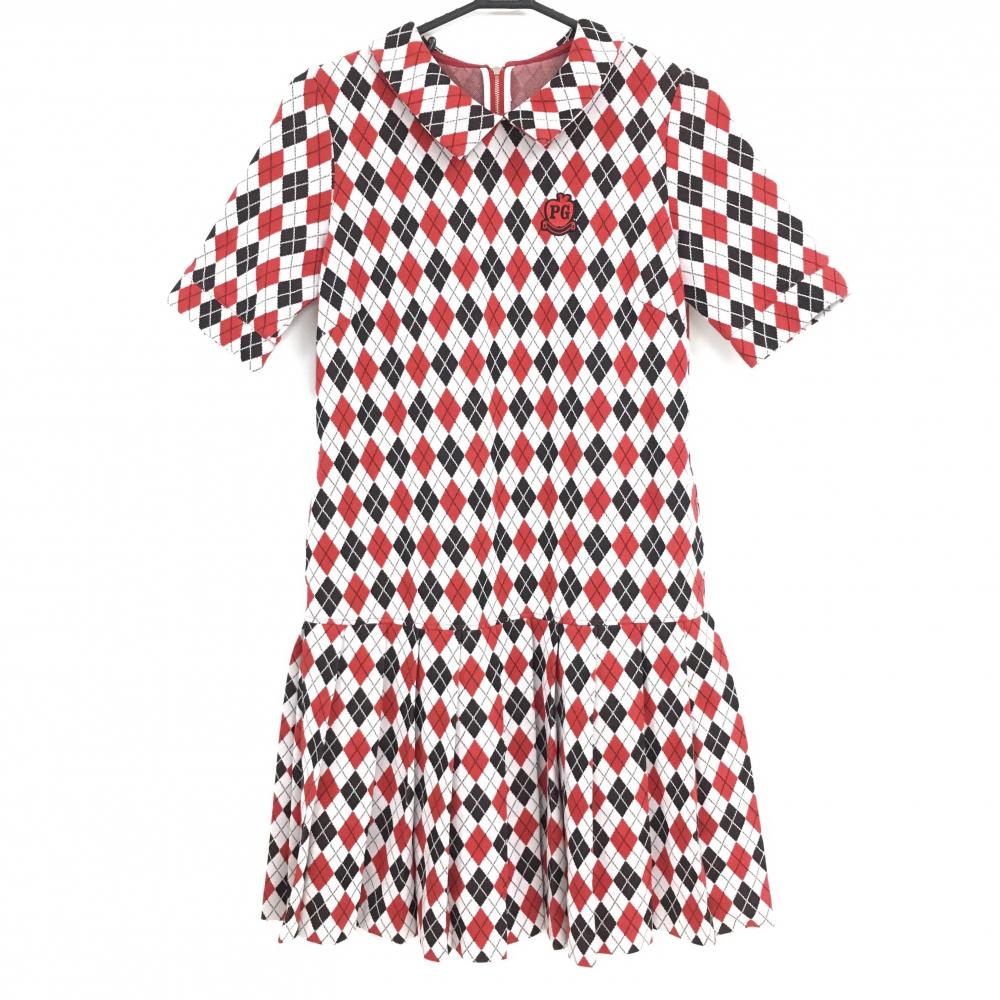 【美品】パーリーゲイツ 半袖襟付きワンピース レッド×ブラウン アーガイル  レディース 1(M) ゴルフウェア PEARLY GATES
