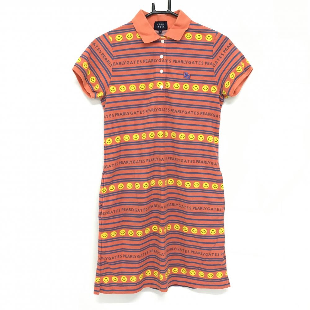 パーリーゲイツ 半袖ポロワンピース オレンジ×ブルー ニコちゃん ボーダー スマイル レディース 0(S) ゴルフウェア PEARLY GATES