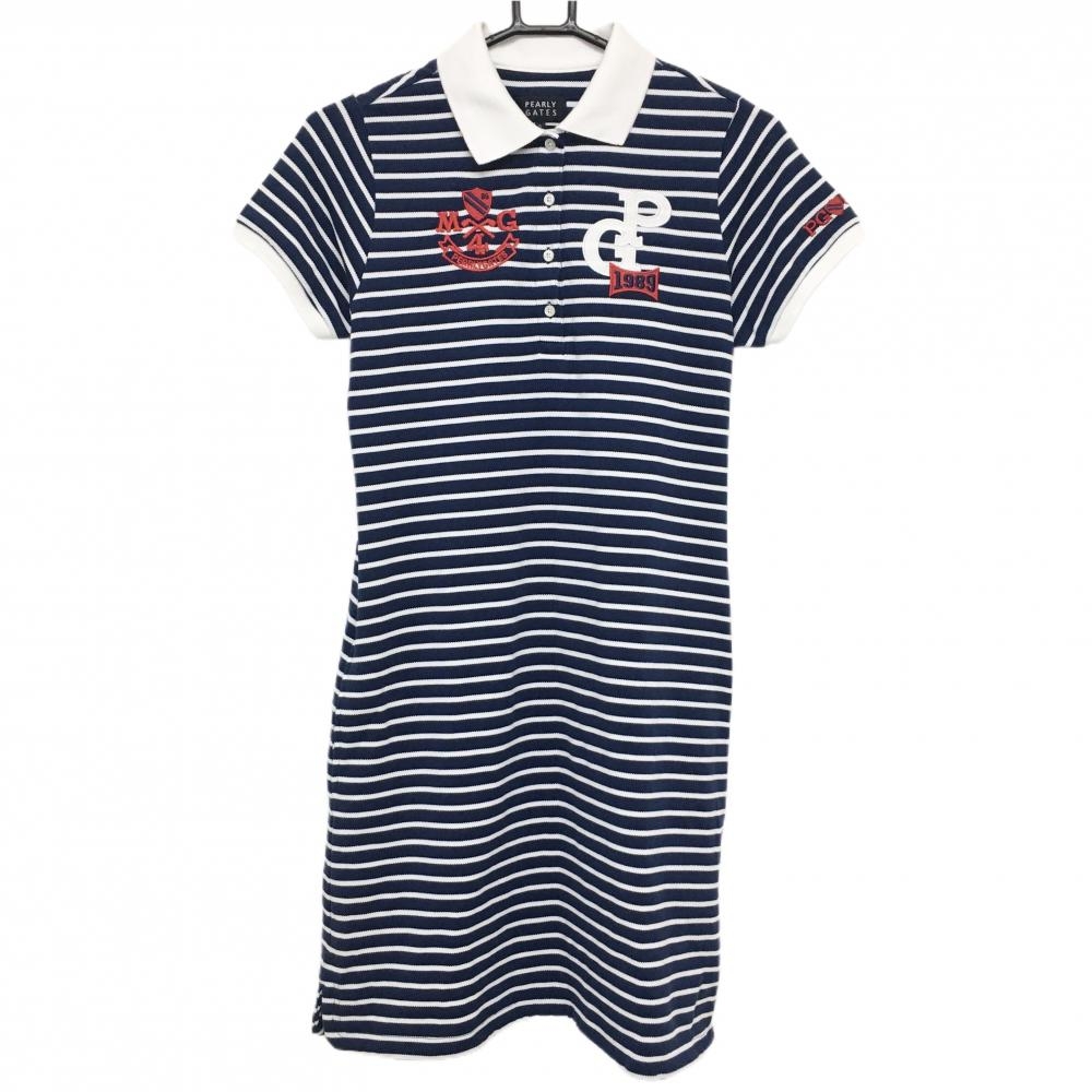 【美品】パーリーゲイツ 半袖ポロワンピース ネイビー×白 ボーダー 襟薄汚れ レディース 0(S) ゴルフウェア PEARLY GATES