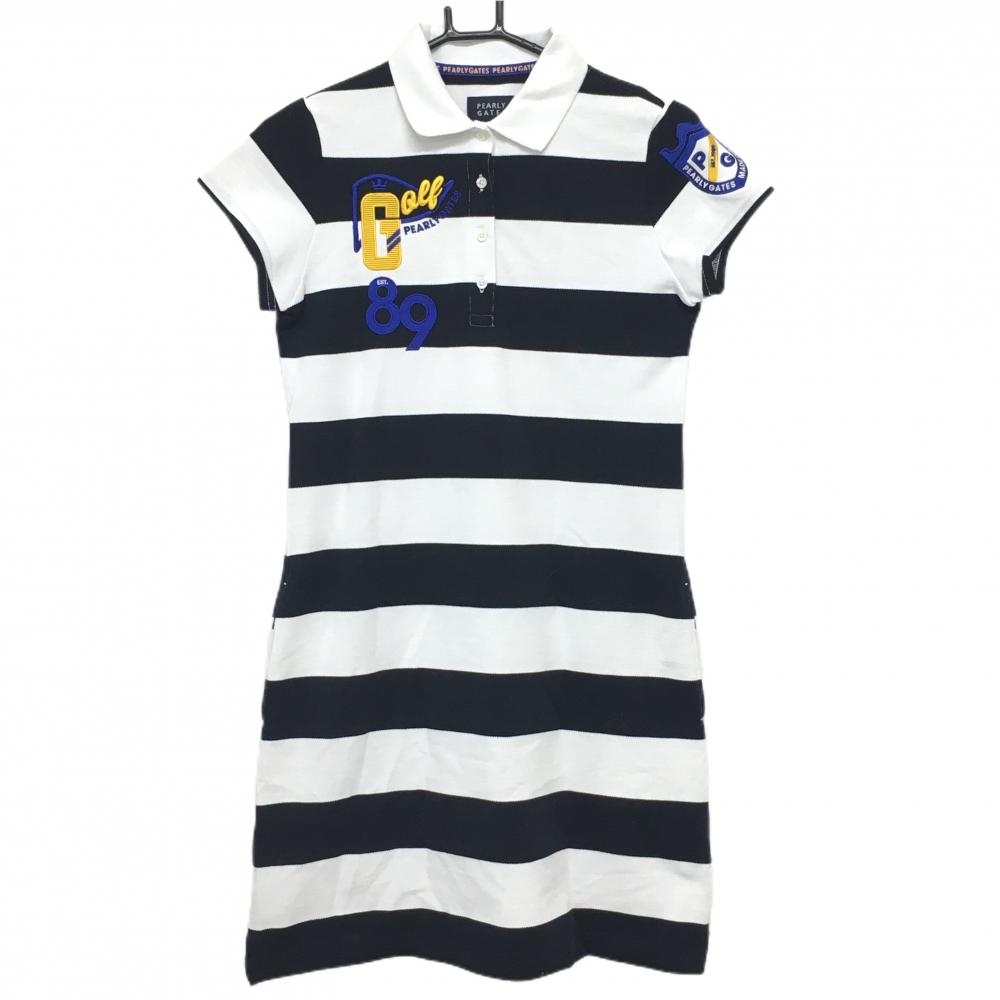 パーリーゲイツ 半袖ポロワンピース 白×ダークネイビー ボーダー 袖ワッペン  レディース 0(S) ゴルフウェア PEARLY GATES