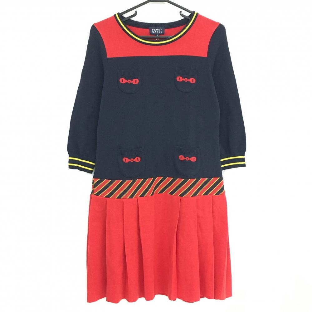 【未使用品】パーリーゲイツ ニットワンピース ネイビー×レッド 七分袖 ウール混 レディース 2(L) ゴルフウェア PEARLY GATES