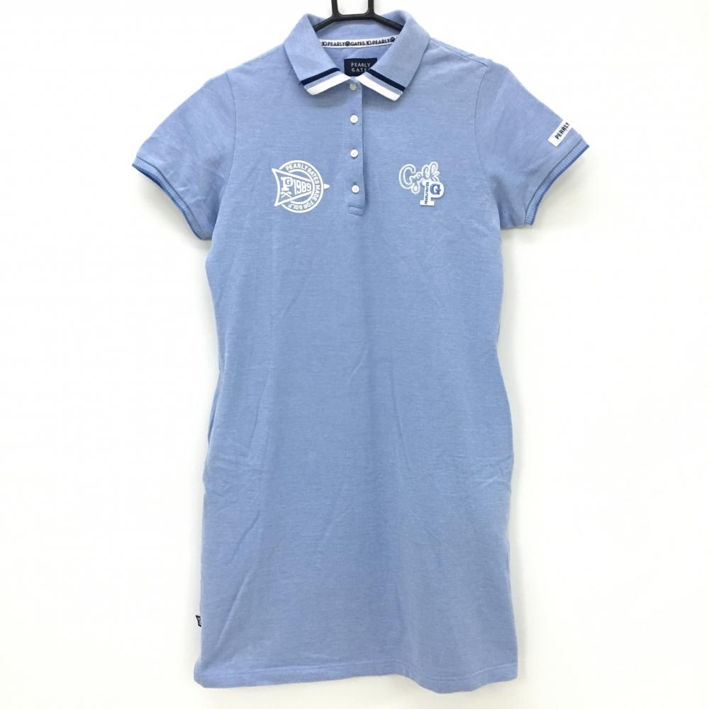 【美品】パーリーゲイツ 半袖ポロワンピース ライトブルー×白 30周年 フェルトワッペン レディース 2(L) ゴルフウェア PEARLY GATES