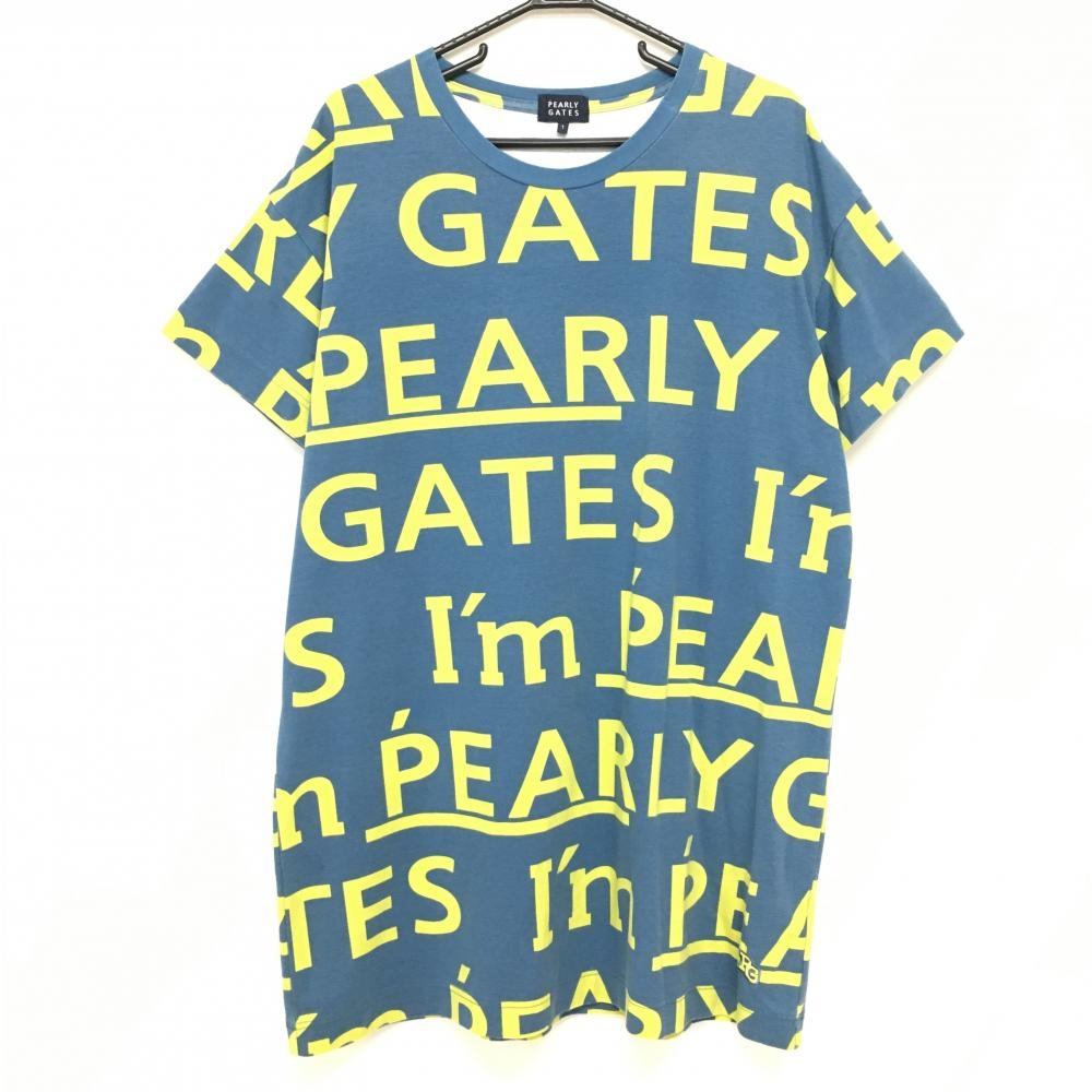 【美品】パーリーゲイツ 半袖ワンピース ブルー×イケロー ロゴ総柄 レディース 1(M) ゴルフウェア PEARLY GATES