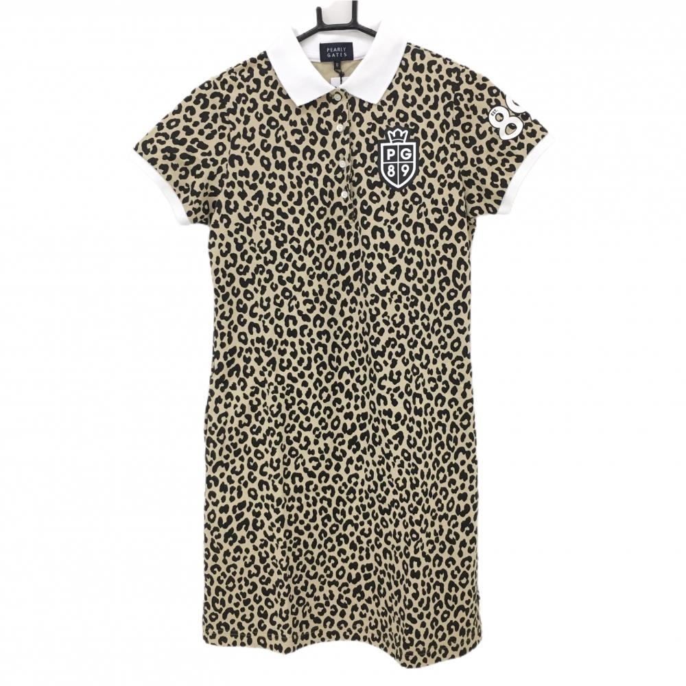 【新品】パーリーゲイツ 半袖ポロワンピース ベージュ×黒 レオパード デライト 胸ロゴ  レディース 0(s) ゴルフウェア PEARLY GATES