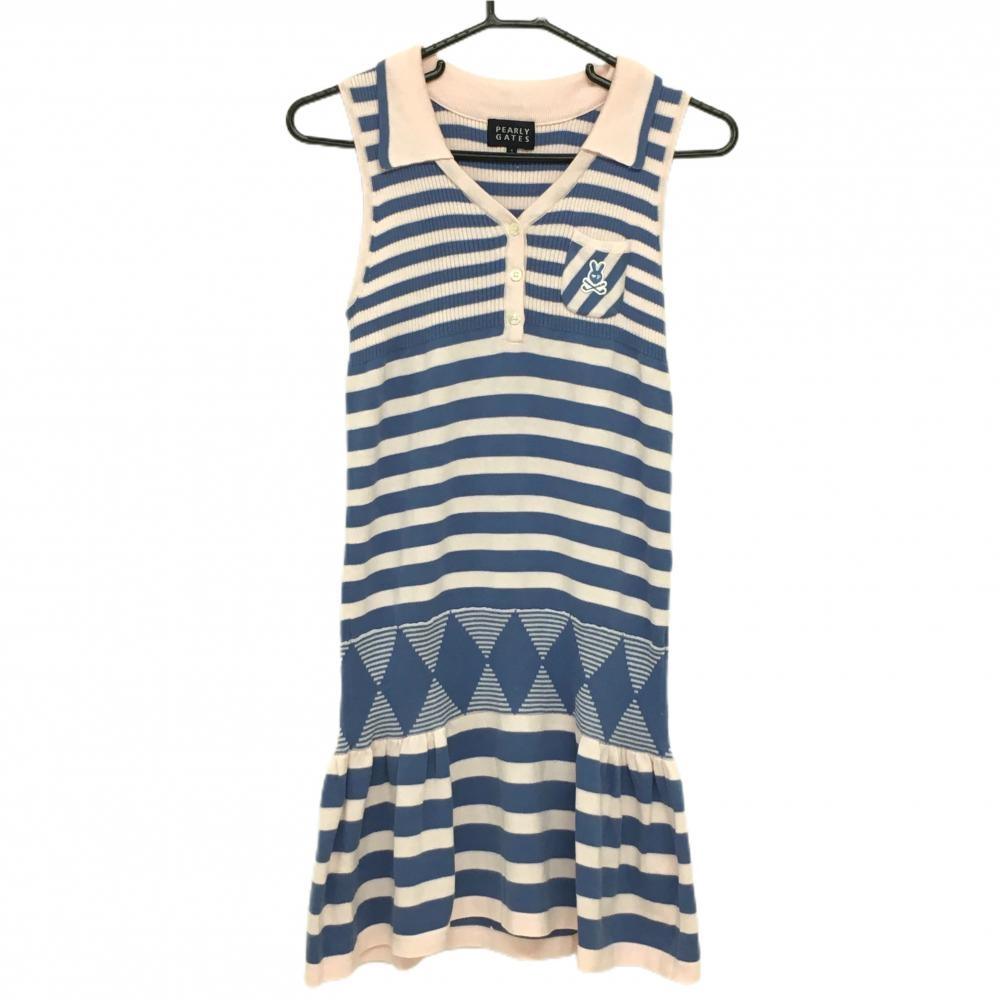 【美品】パーリーゲイツ ノースリーブニットワンピース ライトピンク×ブルー ボーダー  レディース 1(M) ゴルフウェア PEARLY GATES