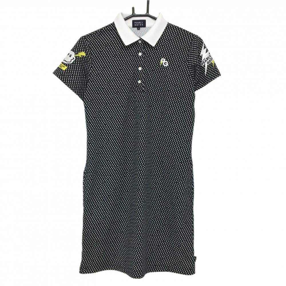 【美品】パーリーゲイツ 半袖ポロワンピース 黒×白 イナズマ総柄 感電ニコちゃん スマイル  レディース 0(S) ゴルフウェア PEARLY GATES