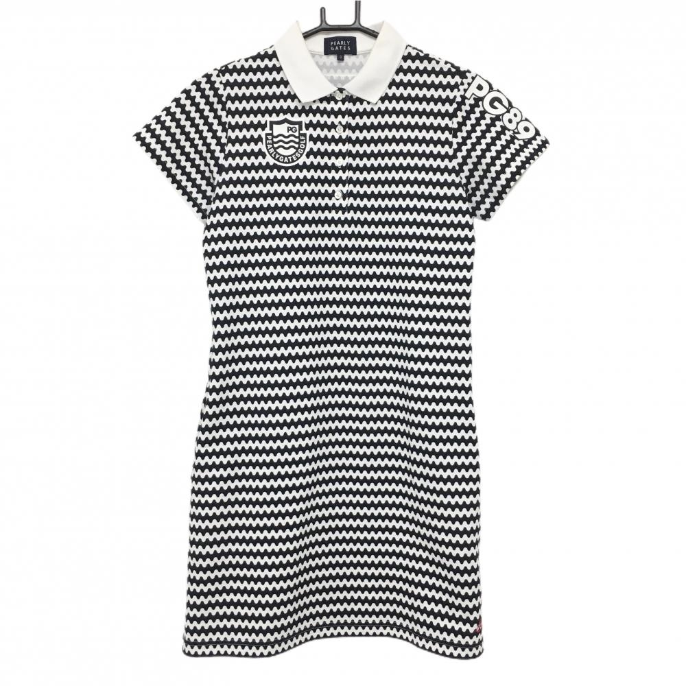 パーリーゲイツ 半袖ポロワンピース 黒×白 総柄 襟汚れ レディース 0(S) ゴルフウェア PEARLY GATES