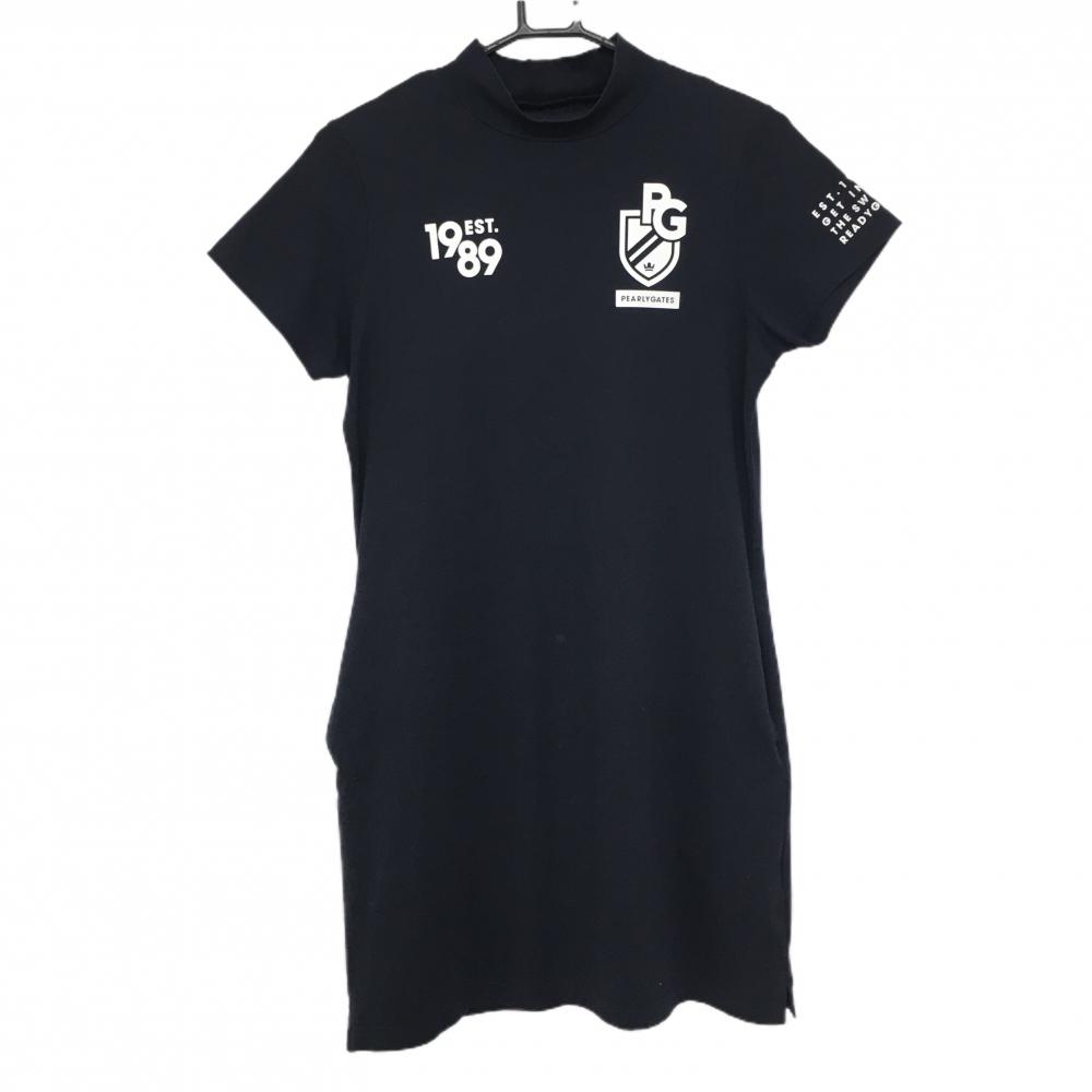 【美品】パーリーゲイツ 半袖ハイネックワンピース ネイビー×白 ロゴプリント  レディース 0(S) ゴルフウェア PEARLY GATES