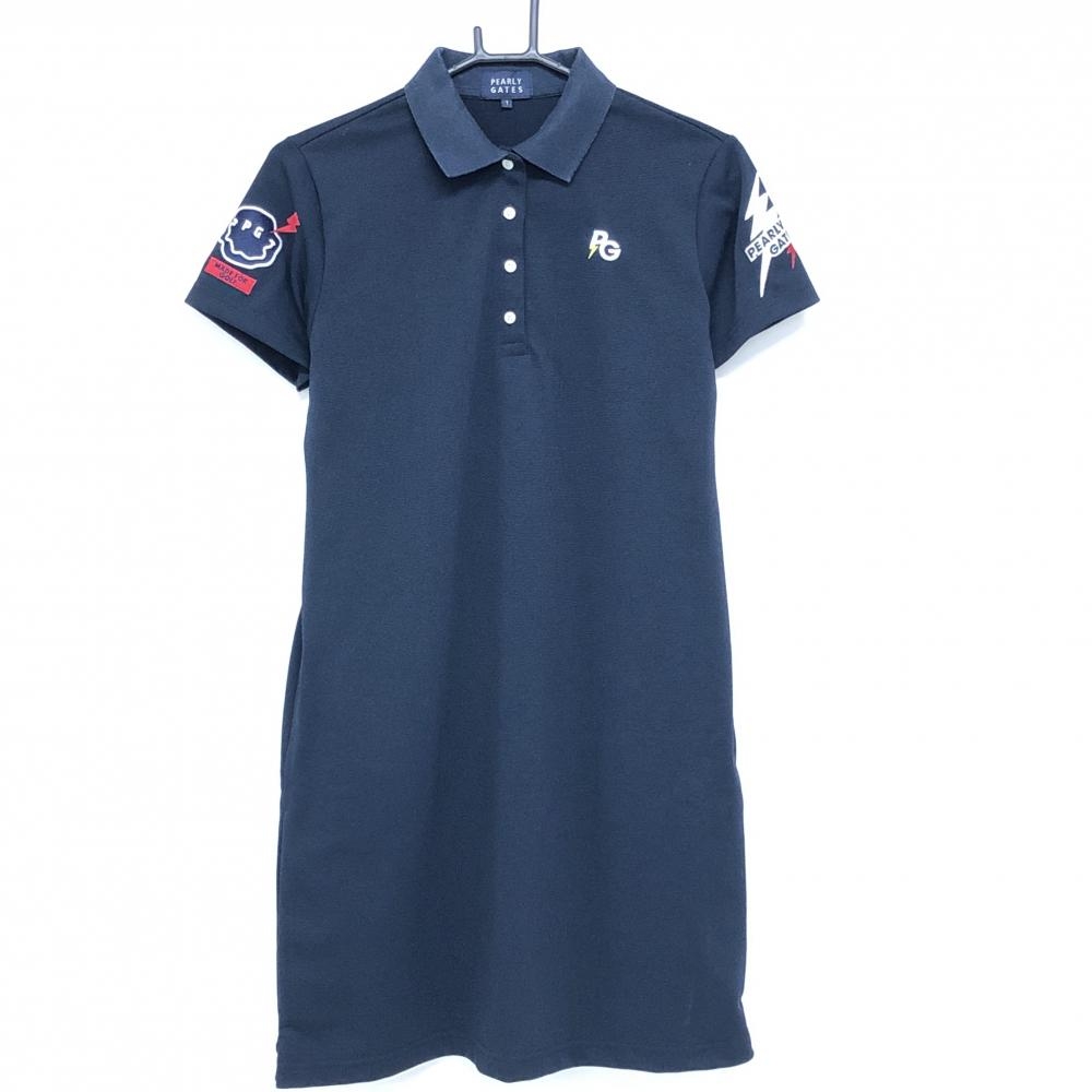 パーリーゲイツ 半袖ポロワンピース ネイビー×白 感電ニコちゃん スマイル  レディース 1(M) ゴルフウェア PEARLY GATES
