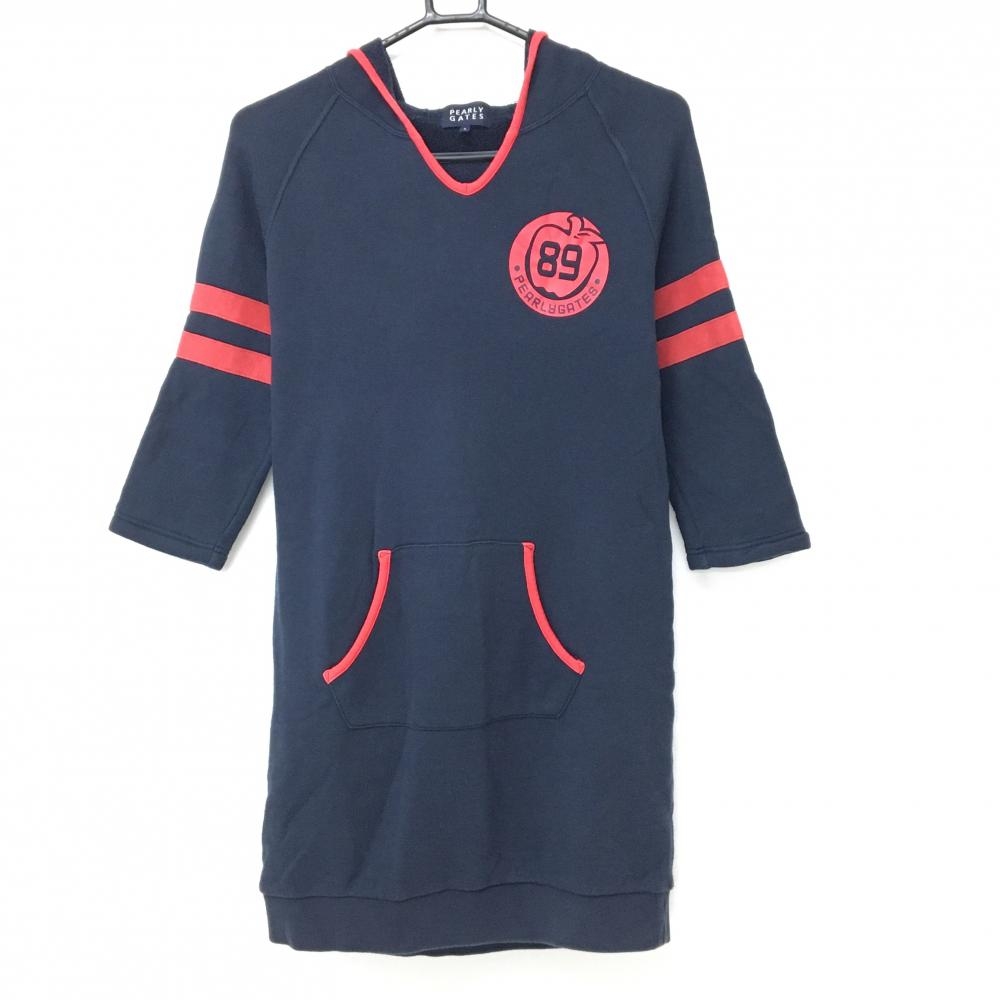 パーリーゲイツ 七分袖パーカーワンピース ネイビー×レッド 裏毛スウェット  レディース 1(M) ゴルフウェア PEARLY GATES