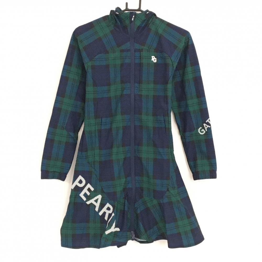 【新品】パーリーゲイツ フード付き長袖ワンピース グリーン×ネイビー チェック柄 レディース 0(S) ゴルフウェア PEARLY GATES