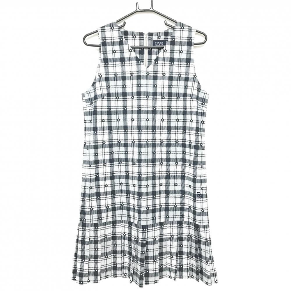 【新品】パーリーゲイツ ノースリーブワンピース 白×ライトグレー×黒 チェック柄 花柄 レディース 1(M) ゴルフウェア PEARLY GATES