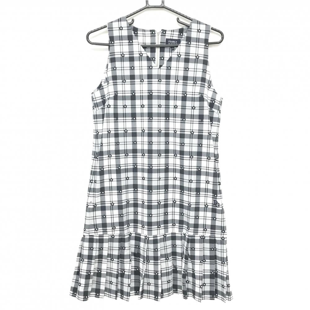 【新品】パーリーゲイツ ノースリーブワンピース 白×ライトグレー×黒 チェック柄 花柄 レディース 0(S) ゴルフウェア PEARLY GATES