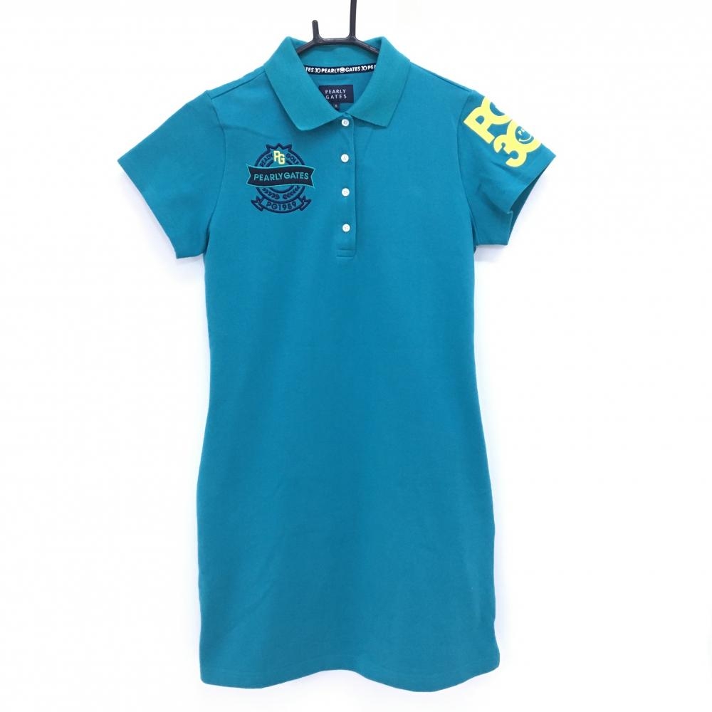 パーリーゲイツ 半袖ポロワンピース グリーン×イエロー 30周年 ロゴ刺しゅう レディース 0(S) ゴルフウェア PEARLY GATES