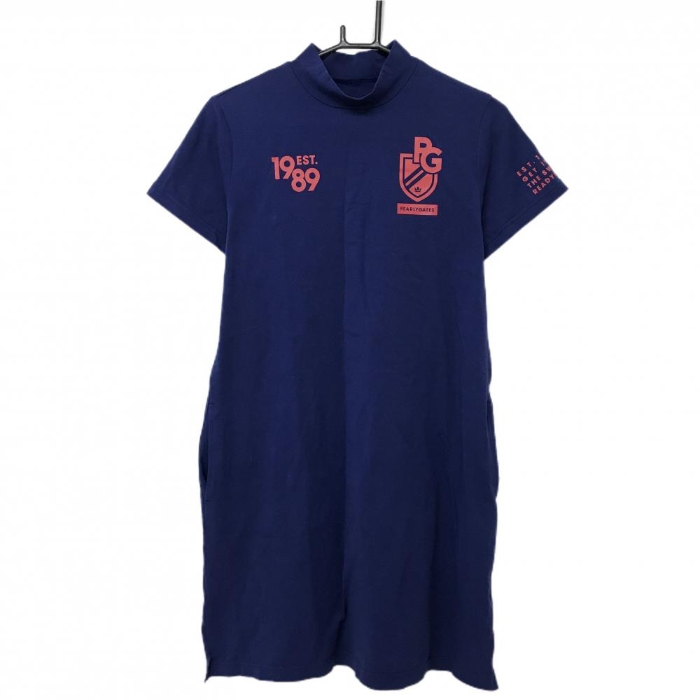 【美品】パーリーゲイツ 半袖ハイネックワンピース ネイビー×レッド ロゴプリント レディース 1(M) ゴルフウェア PEARLY GATES