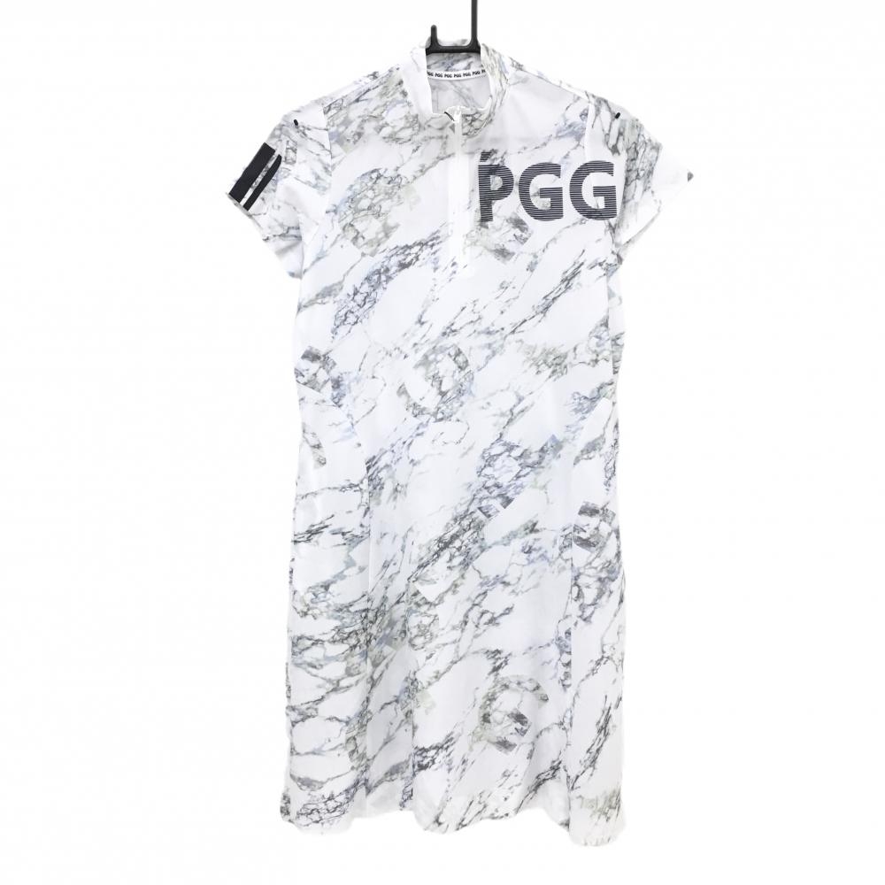 PGGパーリーゲイツ 半袖ハイネックワンピース 白×マルチカラー 総柄 ハーフジップ 紙タグ付 レディース 1(M) ゴルフウェア PEARLY GATES