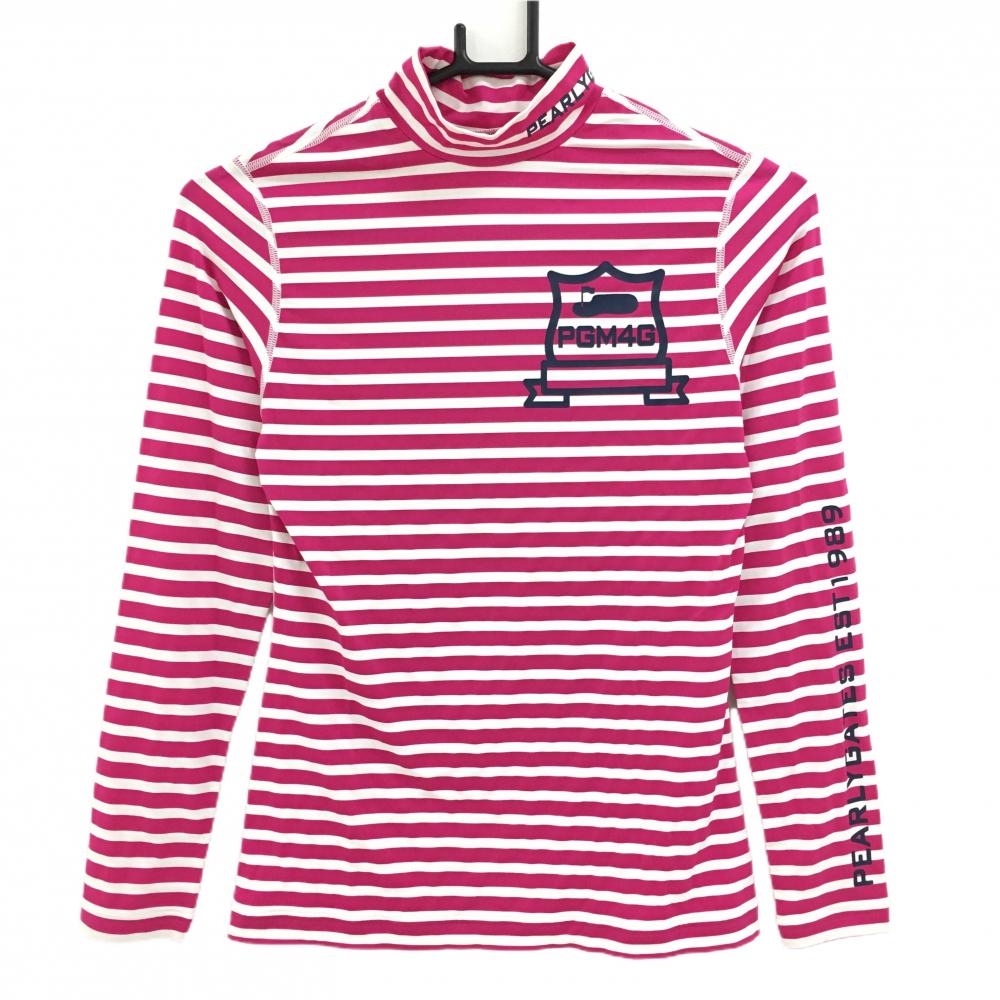 【超美品】パーリーゲイツ ハイネックインナーシャツ ピンク×白 ボーダー ロゴプリント レディース 1(M) ゴルフウェア PEARLY GATES