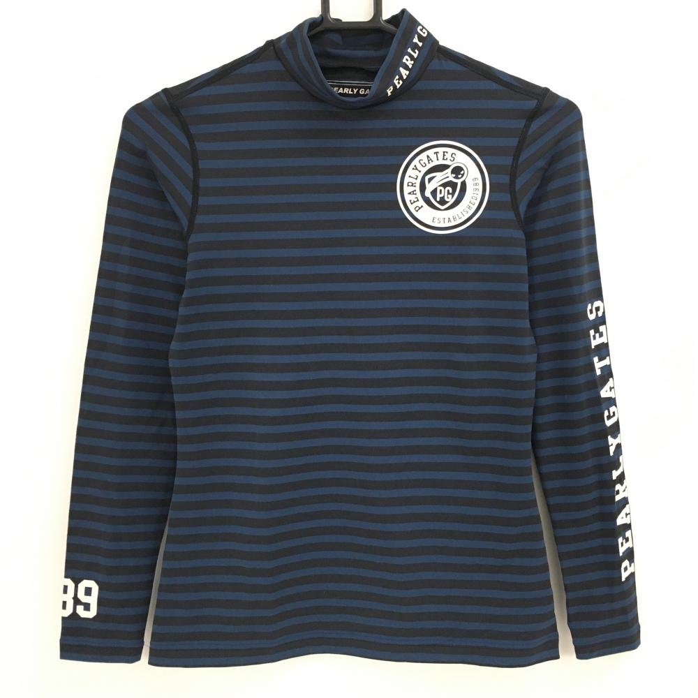 【超美品】パーリーゲイツ ハイネックインナーシャツ ネイビー×黒 ボーダー ロゴ白 レディース 1(M) ゴルフウェア PEARLY GATES