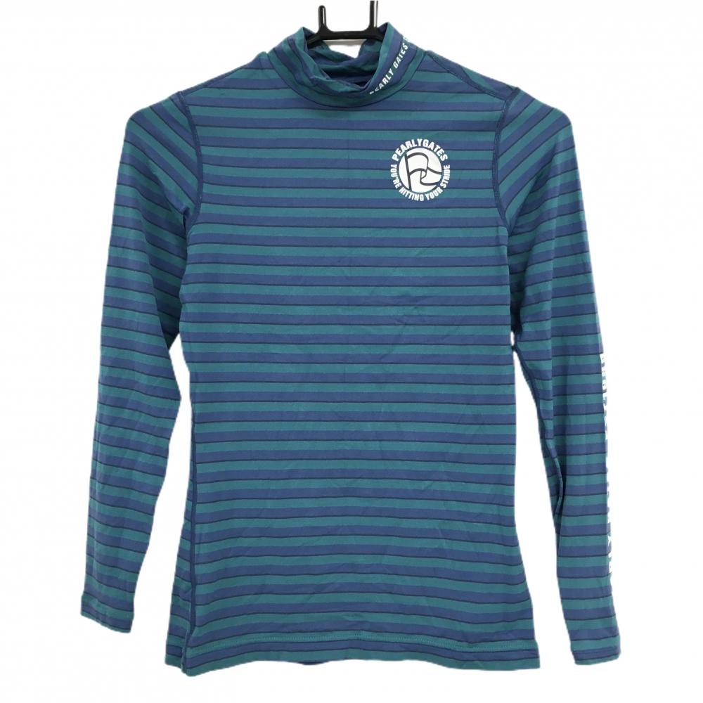 【美品】パーリーゲイツ ハイネックインナーシャツ グリーン×ネイビー ボーダー ロゴプリント レディース 0(S) ゴルフウェア PEARLY GATES