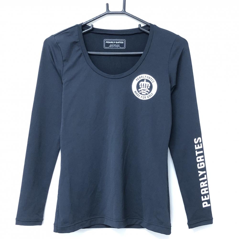 【美品】パーリーゲイツ インナーシャツ ネイビー×白 ストレッチ 内側ブランドプリント割れ レディース 1(M) ゴルフウェア PEARLY GATES