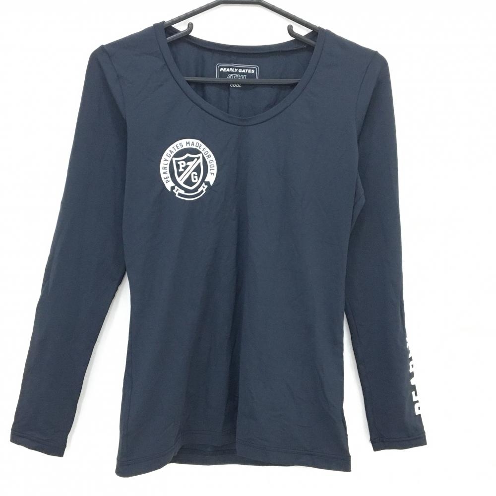 【美品】パーリーゲイツ インナーシャツ ダークネイビー×白 ロゴプリント ストレッチ レディース  ゴルフウェア PEARLY GATES