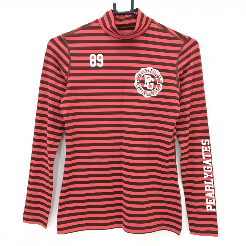 【超美品】パーリーゲイツ ハイネックインナーシャツ レッド×ブラウン ボーダー ロゴプリント レディース 1(M) ゴルフウェア PEARLY GATES
