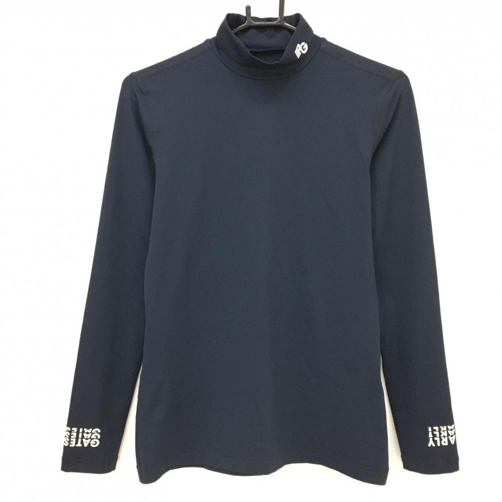 【超美品】パーリーゲイツ ハイネックインナーシャツ ネイビー×白 袖ロゴプリント レディース 2(L) ゴルフウェア PEARLY GATES