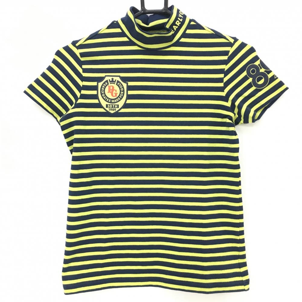 【美品】パーリーゲイツ 半袖ハイネックシャツ イエロー×ネイビー ボーダー 30周年ニコちゃん レディース 0(S) ゴルフウェア PEARLY GATES