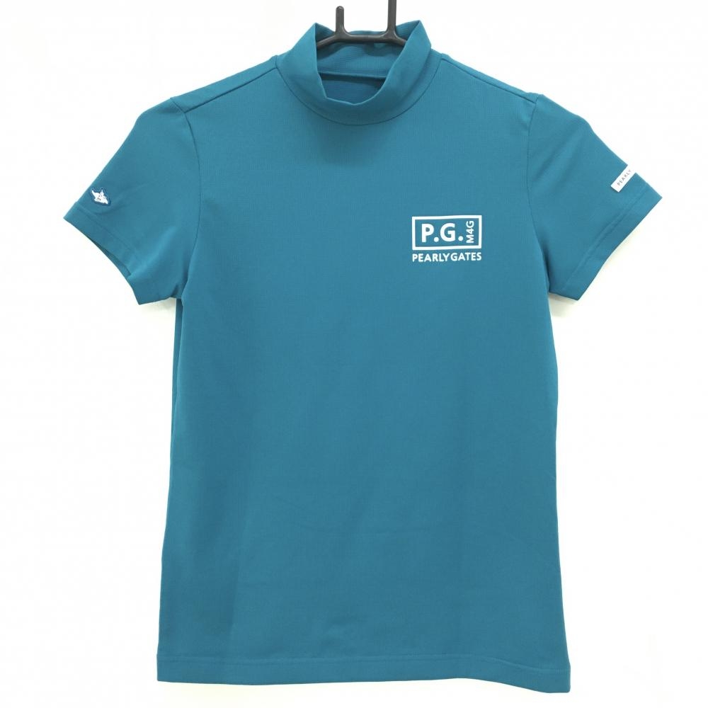 【超美品】パーリーゲイツ 半袖ハイネックシャツ グリーン×白 バックプリント レディース 0(S) ゴルフウェア 2023年モデル PEARLY GATES