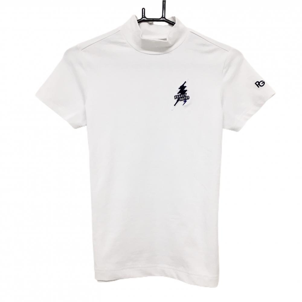 【超美品】パーリーゲイツ 半袖ハイネックシャツ 白×ネイビー  レディース 0(S) ゴルフウェア PEARLY GATES