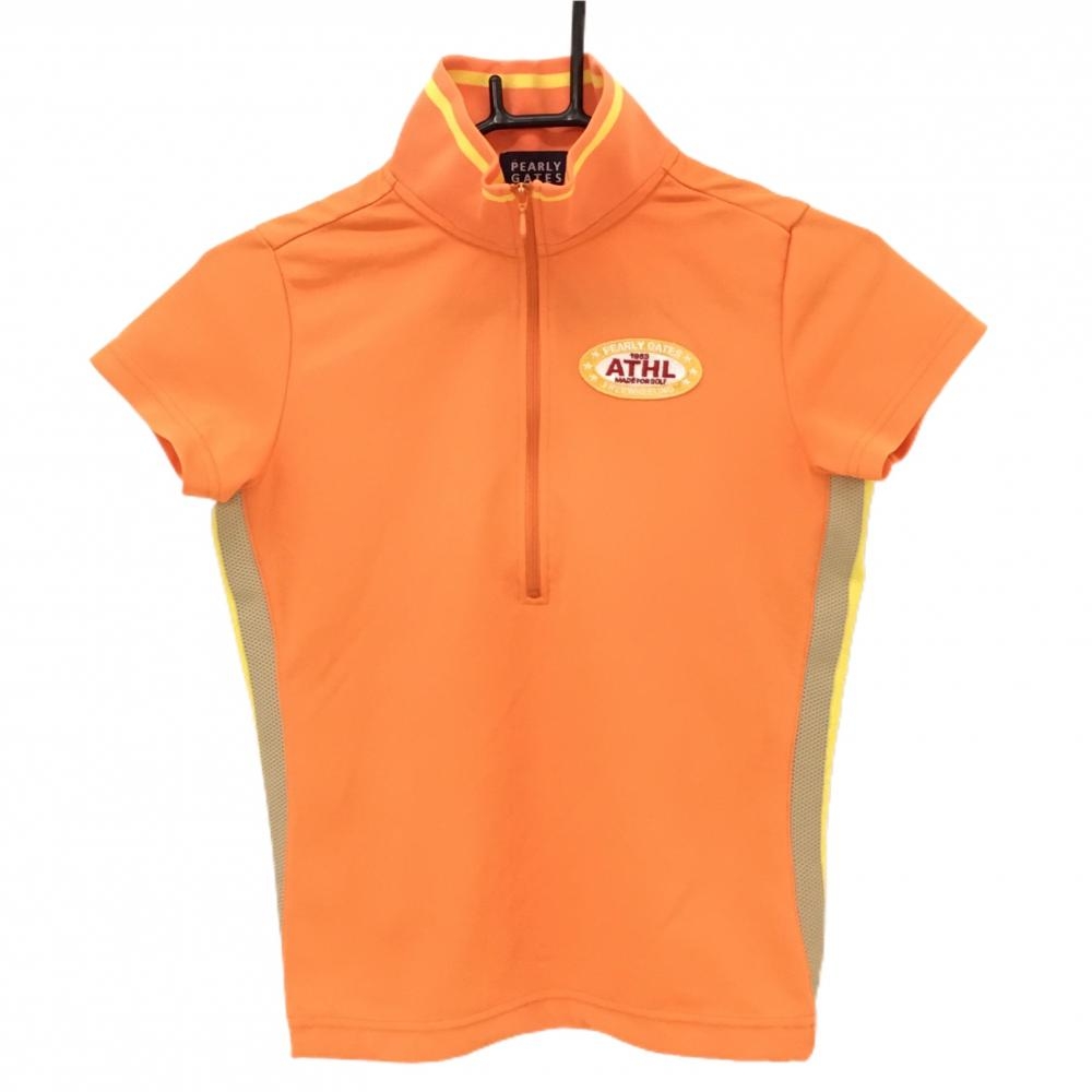 【美品】パーリーゲイツ 半袖ハイネックシャツ オレンジ×イエロー サイド切替 ハーフジップ  レディース 0(S) ゴルフウェア PEARLY GATES