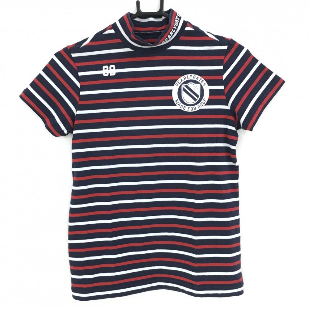 パーリーゲイツ 半袖ハイネックシャツ ネイビー×レッド ボーダー レディース 1(M) ゴルフウェア PEARLY GATES