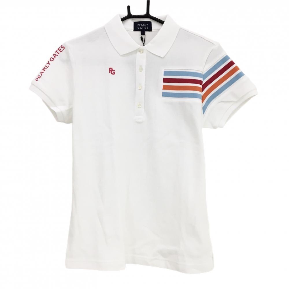 【超美品】パーリーゲイツ 半袖ハイネックシャツ 白×レッド 格子織生地 後ろネックロゴ レディース 1(M) ゴルフウェア PEARLY GATES