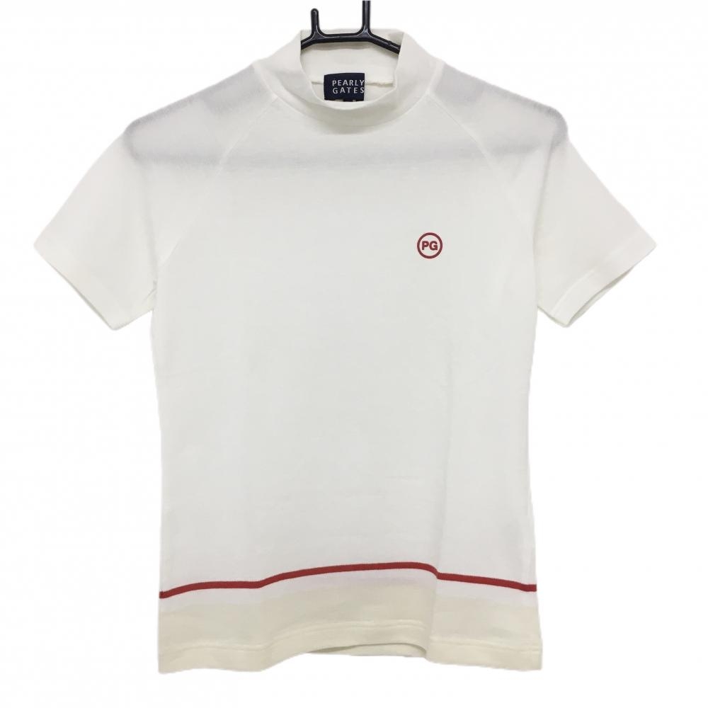 【美品】パーリーゲイツ 半袖ハイネックシャツ 白×レッド 裾ライン レディース 0(S) ゴルフウェア PEARLY GATES