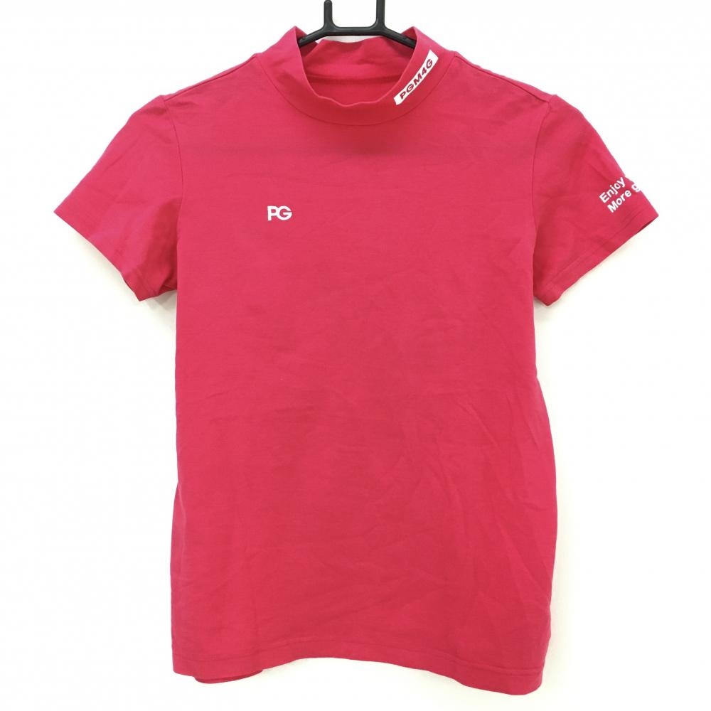 【美品】パーリーゲイツ 半袖ハイネックシャツ ピンク ロゴ白 背面ビッグロゴ レディース 0(S) ゴルフウェア PEARLY GATES