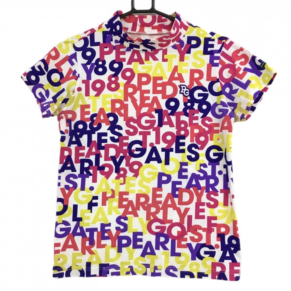 パーリーゲイツ 半袖ハイネックシャツ 白×マルチカラー ロゴ総柄 レディース 1(M) ゴルフウェア PEARLY GATES