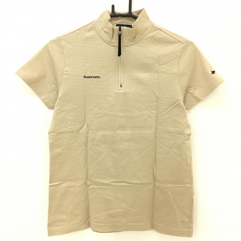 【超美品】パーリーゲイツ 半袖ハイネックシャツ ベージュ ハーフジップ 凹凸生地 レディース 2(L) ゴルフウェア PEARLY GATES