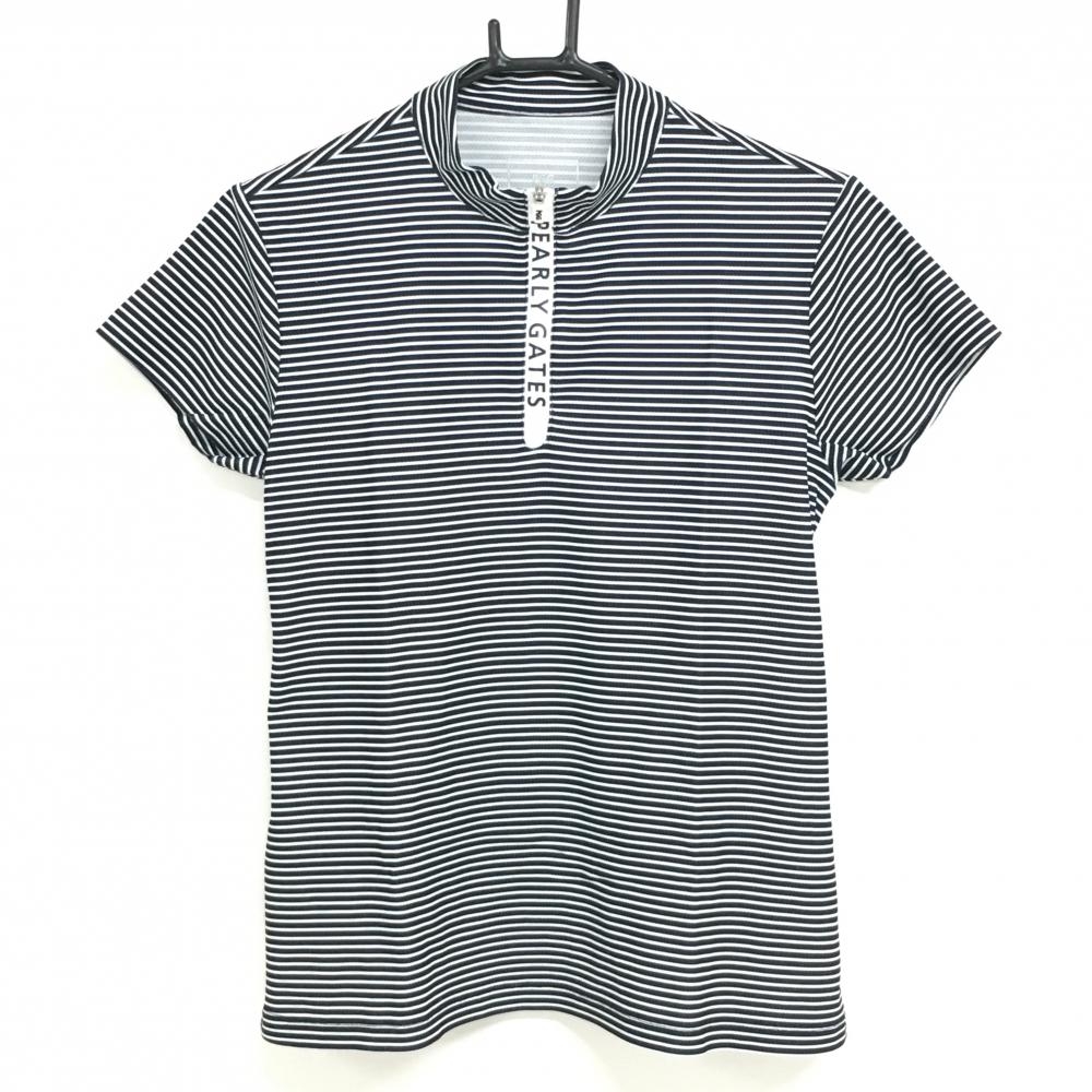 【超美品】PGGパーリーゲイツ 半袖ハイネックシャツ ダークネイビー×白 ボーダー  レディース 1(M) ゴルフウェア PEARLY GATES