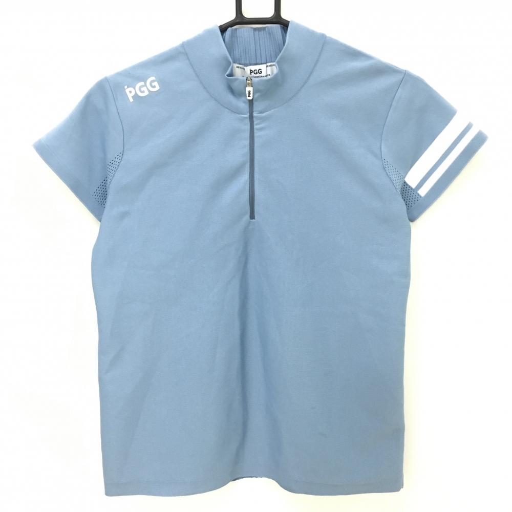 【美品】PGGパーリーゲイツ 半袖ハイネックシャツ ライトブルー×白    レディース 0(S) ゴルフウェア 2024年モデル PEARLY GATES