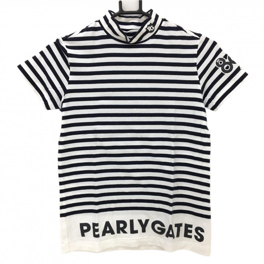 【美品】パーリーゲイツ 半袖ハイネックシャツ 白×ネイビー ボーダー 裾ロゴ  レディース 1(M) ゴルフウェア PEARLY GATES