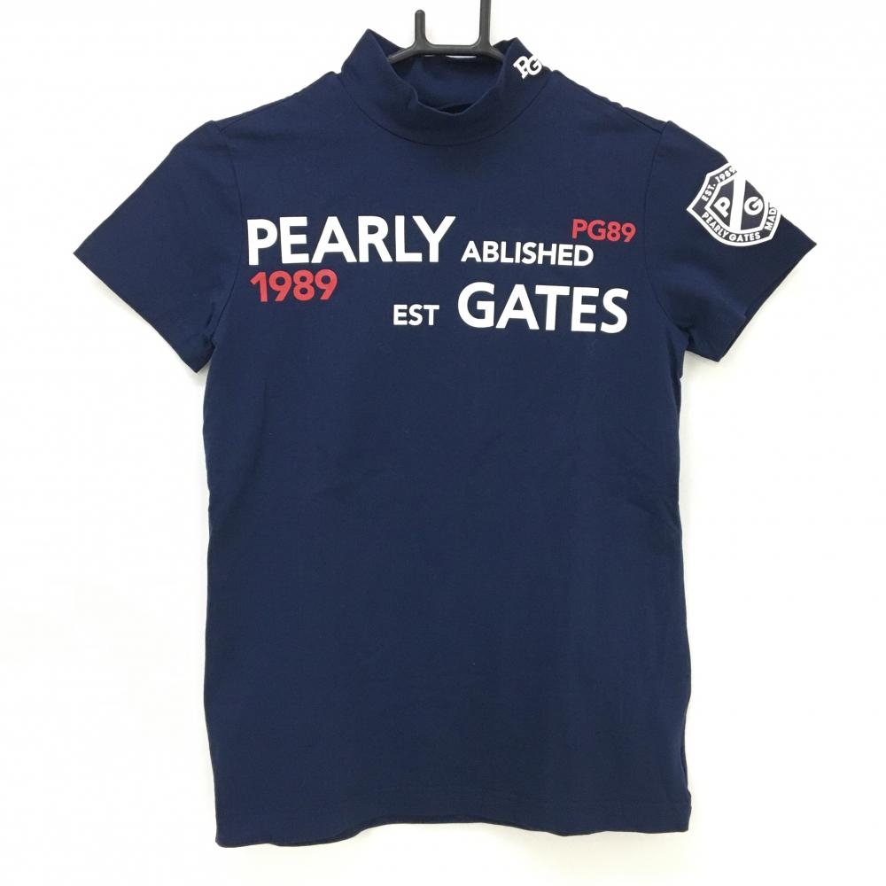 【美品】パーリーゲイツ 半袖ハイネックシャツ ネイビー×白×レッド フロントロゴプリント レディース 0(S) ゴルフウェア PEARLY GATES