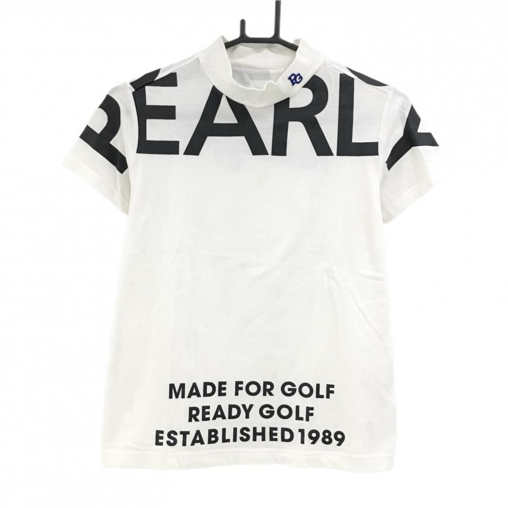 【美品】パーリーゲイツ 半袖ハイネックシャツ 白×ネイビー ビッグロゴ 胸元薄汚れ レディース 0(S) ゴルフウェア PEARLY GATES