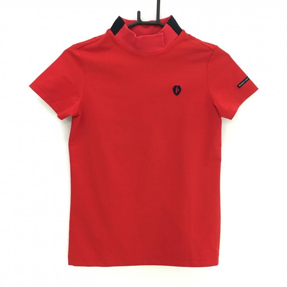 【超美品】パーリーゲイツ 半袖ハイネックシャツ レッド×ネイビー ネックロゴ ストレッチ レディース 0(S) ゴルフウェア PEARLY GATES